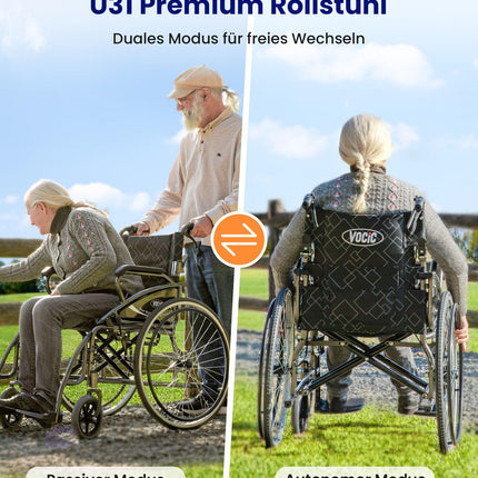 VOCIC U31 salokāms ratiņkrēsls ar vieglo svaru līdz 150 kg, dubultās bremzes, salokāms transportēšanas ratiņkrēsls (17,5 kg) ar pašgājēju piedziņu senioriem, 60 cm caurdurams aizmugurējais ritenis visiem reljefiem, 5 gadu garantija | Pelēks