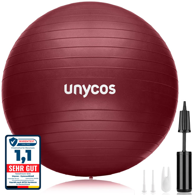 unycos - vingrošanas bumba 75 cm sēdbumba treniņu bumba jogai, fitnesam, medicīnas bumba, līdzsvara bumba, korsetes spēka treniņiem, Pilates bumba | Ieskaitot pumpis, bez BPA, pretplīsuma (tumši rozā ar logotipu)