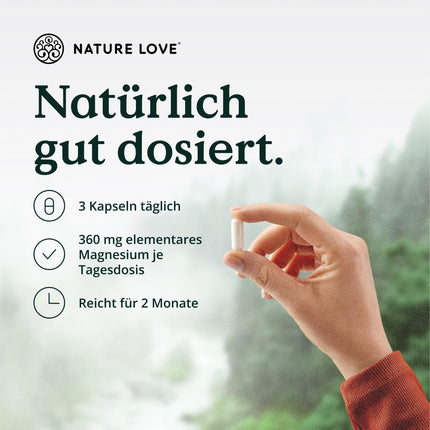 NATURE LOVE® Magnija citrāts – 2320 mg magnija citrāts (no kuriem 360 mg elementārā magnija) – 180 kapsulas – augsta deva, laboratoriski pārbaudīts, bez piedevām, vegāns un izstrādāts Vācijā