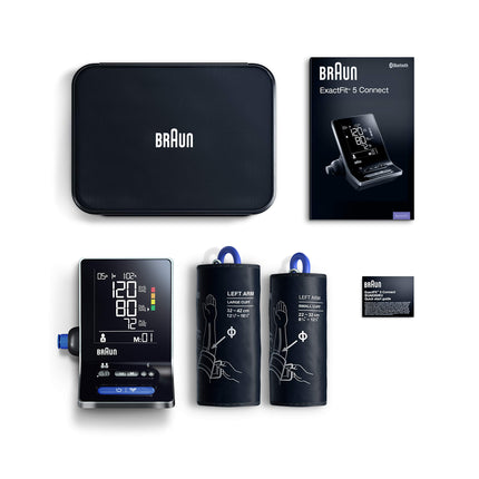 Braun ExactFit 5 Connect viedais augšdelma asinsspiediena mērītājs | Braun lietotne “Veselīga sirds” | Klīniski pierādīta precizitāte | Krāsu kodēts displejs | 2 aproču izmēri | Mājai | BUA6350