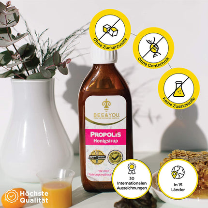 BEE&amp;YOU propolisa medus sīrups, bērniem ar C vitamīnu, uztura bagātinātājs bērniem, 100% dabīgs un bez piedevām, 33 starptautiskas balvas, 12 sertifikāti, bez glutēna, bez cukura