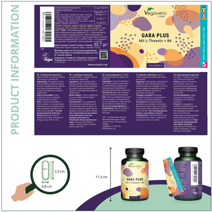 Gaba Vegavero® | Augsta deva | 1000 mg gamma aminosviestskābes vienā porcijā | Ar L-teanīnu un B6 vitamīnu | 120 vegānas kapsulas | Bez piedevām un laboratoriski pārbaudīts