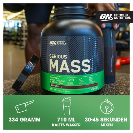 Optimum Nutrition Serious Mass augstas kaloritātes proteīna pulveris masas veidošanai ar 25 vitamīniem un minerālvielām, kreatīna monohidrātu un glutamīnu, šokolādes garšu, 16 porcijas, 5,45 kg