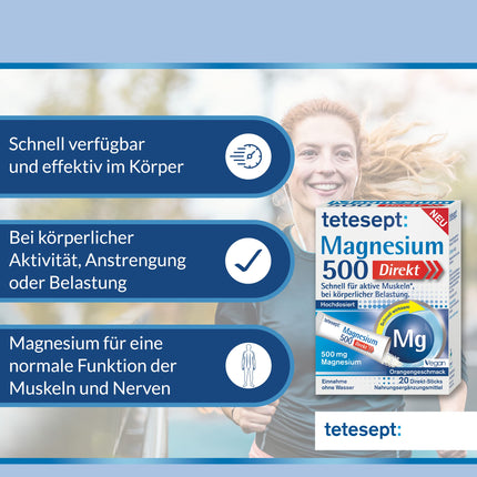 tetesept Magnesium 500 Direct – 1 x 20 Direct Sticks – Uztura bagātinātājs ar magnija pulveri lietošanai bez ūdens – Ātri aktīviem muskuļiem