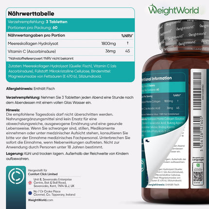 Kolagēna tabletes ar C vitamīnu - 1800 mg kolagēna hidrolizāta vienā porcijā - 1. un 3. tipa kolagēna peptīdi - 180 tabletes - 2 mēnešu krājumi - WeightWorld