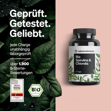 Organiskās spirulīnas un hlorellas tabletes – 500 tabletes – 100% tīras un dabīgas – Sertificēti bioloģiskas, laboratorijā pārbaudītas, bez piedevām, vegānas un ražotas Vācijā