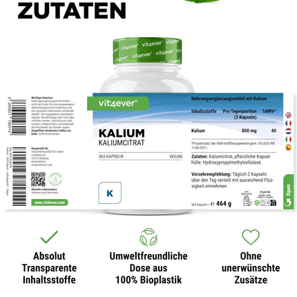 Kālijs - 365 kapsulas ar 800 mg elementārā kālija (no kālija citrāta) vienā dienas devā - vegāns, augsta deva, bez piedevām