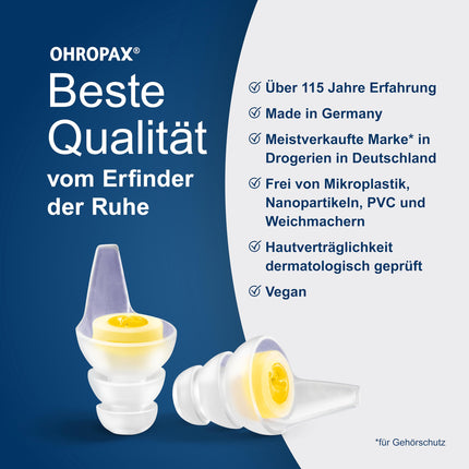 OHROPAX mūzikas ausu aizbāžņi – ar speciālu filtru – neviltota skaņa ar vienmērīgu vājinājumu – skaņas izolācijas vērtība SNR 19 dB – ideāli piemēroti koncertiem – 1 pāris ar ievietotu filtru + 1 mazāks ausu aizbāžņu pāris
