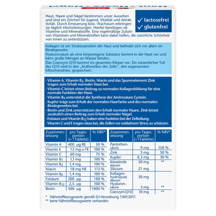 Doppelherz Skin + Hair + Nails - 13 uzturvielas - Ar cinku un biotīnu, kas veicina normālas ādas, matu un nagu uzturēšanu - 30 tabletes