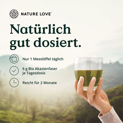 NATURE LOVE® Organiskais akācijas šķiedras pulveris – 360 grami – 80% šķiedrvielu, šķīstošs, bezgaršīgs un daudzpusīgs – 60 porcijas – vegāns, laboratorijā pārbaudīts un ražots Vācijā