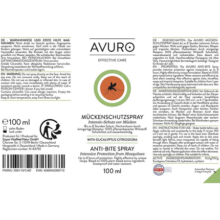 AVURO odu atbaidīšanas aerosols 100 ml, ilgstoša aizsardzība pret kukaiņiem, 100% augu izcelsmes aktīvā viela - eikalipta citrondzelzs eļļa, bez DEET