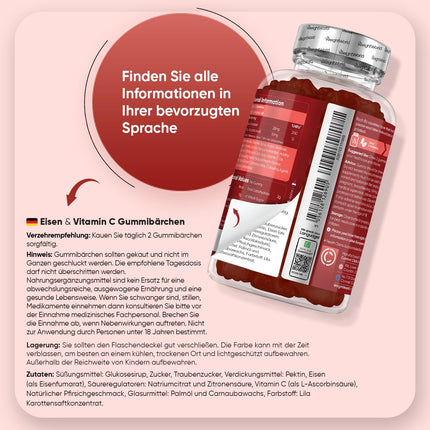 Dzelzs un C vitamīna želejkonfektes - 2 mēnešu deva - 28 mg dzelzs un 10 mg C vitamīna - 120 želejkonfektes - Dzelzs un C vitamīns veicina normālu enerģijas metabolismu (EFSA) - Alternatīva dzelzs tabletēm