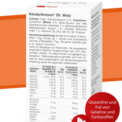 Dr. Wolz KinderImmun* 65 g pulveris - aktīvais komplekss imūnsistēmai* un augšanai** - imūnkomplekss ar C vitamīnu no acerola ķiršiem - vitamīni, minerālvielas un mikroelementi - veģetārs