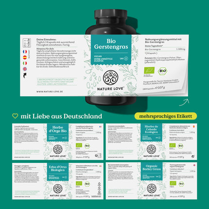 NATURE LOVE® Bioloģiskā miežu zāle - 1500 mg dienā - no Vācijas audzētavām - 180 kapsulas - Augsta deva, laboratorijā pārbaudīta, sertificēta kā bioloģiska, ražota Vācijā