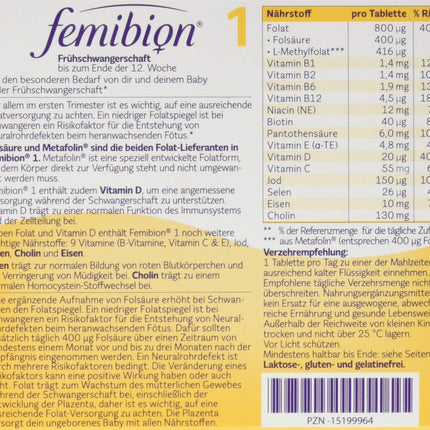 Femibion ​​​​1 grūtniecības sākumā, ikdienas uztura bagātinātājs 1.–12. nedēļai, ar holīnu, folskābi, metafolīnu, 4 nedēļu iepakojums, 28 tabletes