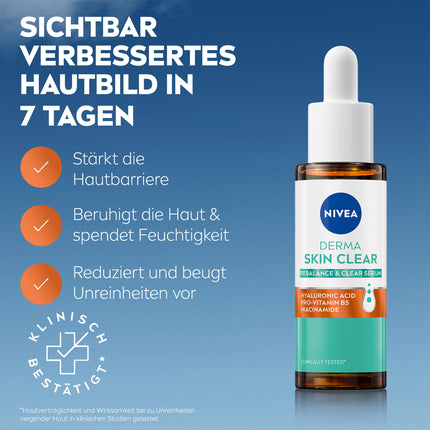 NIVEA Derma Skin Clear Rebalance &amp; Clear Serum, sejas kopšana redzami uzlabotai sejas ādai, mitrinošs hialuronskābes serums ar niacinamīdu (30 ml)