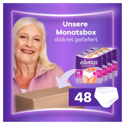 Always Discreet urīna nesaturēšanas biksītes M izmērs, standarta izmērs, 48 ​​biksītes (4 x 12 gabali) sievietēm, mēneša iepakojums, acumirklī aiztur smakas un šķidrumu.