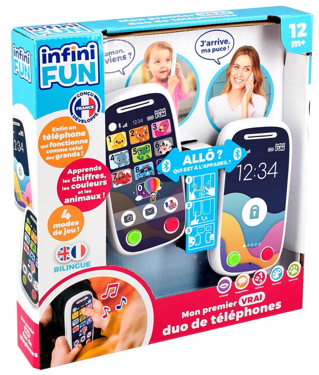 Bezgalīgā jautrība Mans pirmais īstais telefonu duets — pirmais telefons, kas ļauj veikt zvanus, izmantojot Bluetooth. – Imitācijas rotaļlieta, daudzvalodu, franču/angļu valodā, no 12 mēnešu vecuma