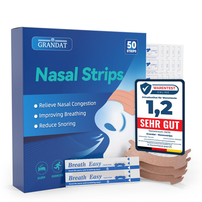 grandat® deguna plāksteri krākšanai (50 gab. iepakojumā) augstākās kvalitātes deguna plāksteri papildu noturībai sporta laikā un labākai miega kvalitātei, labākai elpošanai ar aizliktu degunu, deguna plāksteri krākšanai