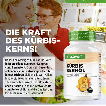 Ķirbju sēklu eļļa - 420 kapsulas - 3000 mg dienā - Ar dabīgo E vitamīnu - Augsta deva - Dabīga un auksti spiesta - Laboratorijā pārbaudīta