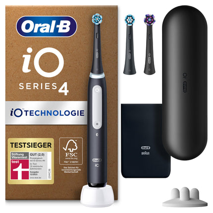 Oral-B iO Series 4 Plus Edition elektriskā zobu birste, PLUS 3 birstes galviņas, 4 tīrīšanas režīmi, ceļojumu maciņš, Braun dizains, matēti melna