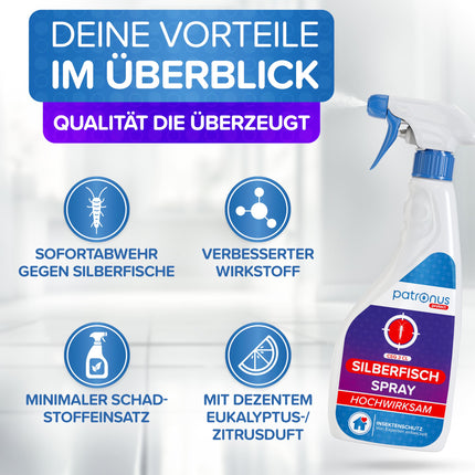 Patronus sudrabzivtiņu aerosols ar tūlītēju iedarbību 500 ml – efektīvs atbaidītājs pret sudrabzivīm un sudrabainajām zivtiņām – ļoti efektīva alternatīva sudrabzivtiņu ēsmai un slazdiem, ar maigu citrusaugļu aromātu