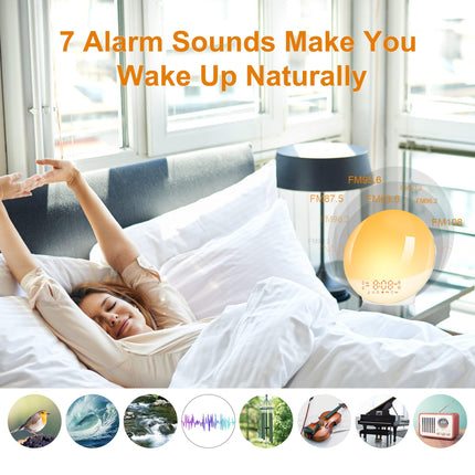 Tageslichtwecker Lichtwecker Wake up Light Sonnenaufgang Sonnenuntergang Simulation Wecker Radio 7 Naturgeräusche 2 Alarmen Snooze 11 Farblicht 20 Helligkeit Nachttischlampe Erwachsene (gelb)