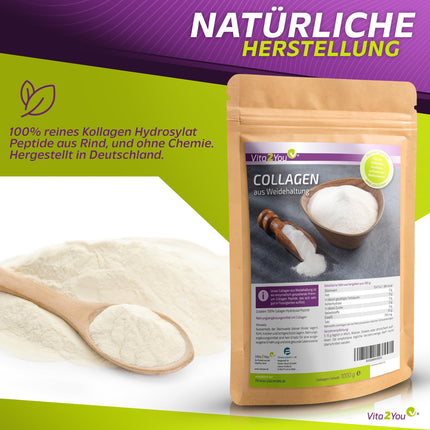 Vita2You kolagēna pulveris 1kg - bioaktīvs kolagēns - 100% Solugel® - no zāli barotām saimniecībām - 1. un 3. tipa peptīdu hidrolizāts - olbaltumvielas - 1000g - augstākā kvalitāte