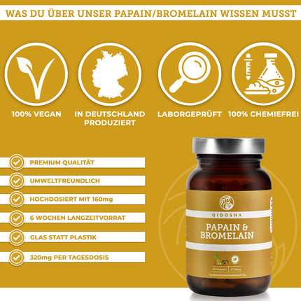 QIDOSHA® Papain Bromelain zarnās šķīstošās kapsulās, 320 mg vienā kapsulā, 90 kapsulas farmaceita glāzē, augstākā enzīmu aktivitāte 6194 USP (papaīns), Papain enzīms no papaijas, Bromelaīns no ananasiem