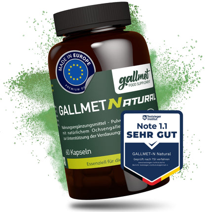 GALLMET Natural 60x vērša žults 125 mg žults sāls dabiski atbalsta gremošanas problēmas, tauku gremošanu, atbalstu pēc žultsakmeņiem - vērša žults kapsulas 125 mg vienā kapsulā - Ražots ES