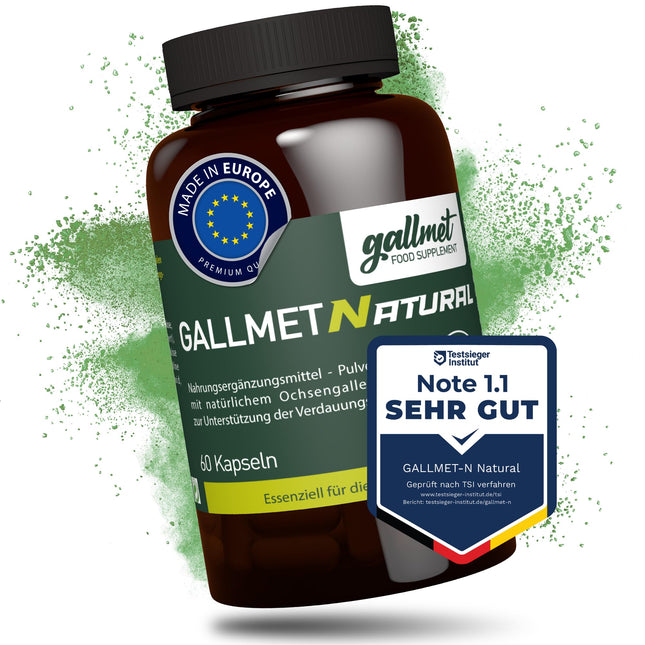 GALLMET Natural 60x vērša žults 125 mg žults sāls dabiski atbalsta gremošanas problēmas, tauku gremošanu, atbalstu pēc žultsakmeņiem - vērša žults kapsulas 125 mg vienā kapsulā - Ražots ES