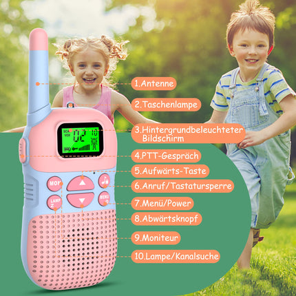 Kidsfun 2×Rācija bērniem, USB uzlādējama āra rotaļu rācija ar lukturīti, dāvana zēniem un meitenēm no 3 gadu vecuma, 3 jūdžu darbības rādiuss iepirkšanās, brīvā dabā, kempingam. Rozā