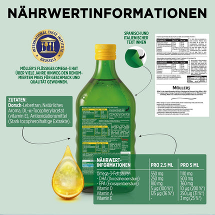 Möller's Omega 3 mencu aknu eļļa | Ziemeļvalstu Omega 3 uztura bagātinātājs ar EPA, DHA, A, D un E vitamīniem | Izcilas garšas balva | Augstas tīrības dabīgs | 165 gadus vecs zīmols | Citrons | 500 ml