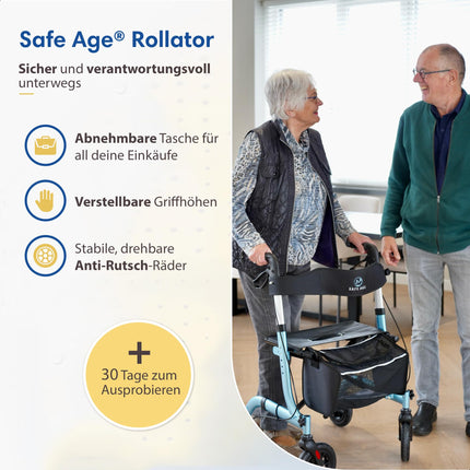 Safe Age salokāms un viegls rollators ar sēdekli - staigāšanas palīglīdzeklis senioriem, rollators mājām iekštelpās un ārā - ar atzveltni un nūjas turētāju