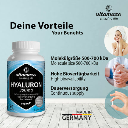 Augstas devas hialuronskābes kapsulas, 300 mg vienā kapsulā, vegānas, 3 mēnešu nepārtraukta piegāde, augsta biopieejamība: zema molekulmasa 500–700 kDa, uztura bagātinātājs bez piedevām, ražots Vācijā