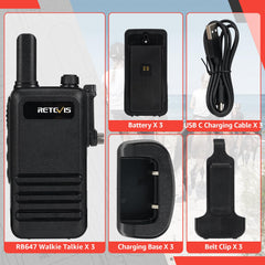 Retevis RB647 rācija, IP67 ūdensizturīga rācija, PMR446 16 kanāli, profesionāls divvirzienu rācija, 1000 mAh, VOX rācijas skolai, apsardzei un glābšanas dienestam (melnas, 3 gab. iepakojumā)