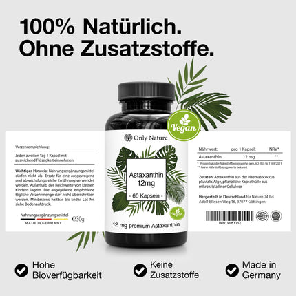 Only Nature® Astaksantīns 12 mg - 60 lielas devas kapsulas - Ražots Vācijā un laboratoriski pārbaudīts - Dabīgs un bez piedevām
