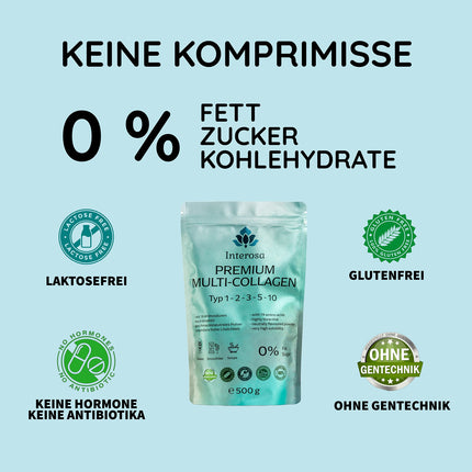 INTEROSA kolagēna pulveris 500 g - Multi kolagēna komplekss 5 veidi: 1, 2, 3, 5, 10 - augstas kvalitātes olu čaumalas membrānas peptīdi - bezgaršīgi