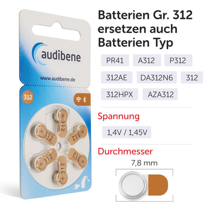 Audibene dzirdes aparātu baterijas, 312. tipa, brūnas, dzirdes aparātu baterijas, 60 gab. iepakojumā, ražotas Vācijā, komplektā BEZMAKSAS tīrīšanas drāna, bezvadu savienojumam apstiprinātas, bez dzīvsudraba