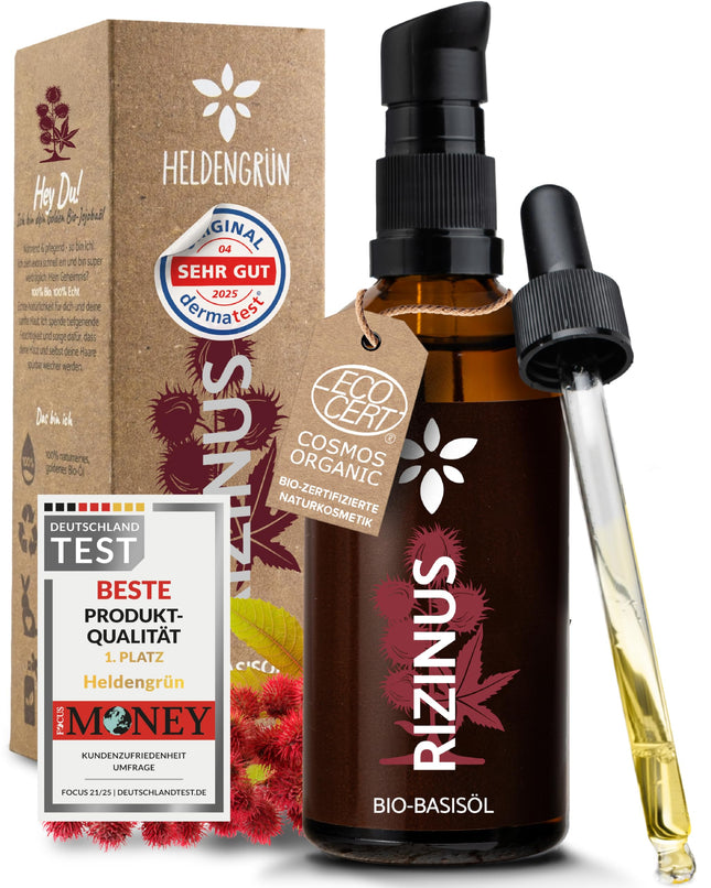 Heldengrün® ORGANISKĀ rīcineļļa matiem [100% DABĪGA] - Rīcineļļa - Dermatoloģiski pārbaudīta - Aukstā spieduma rīcineļļa - Matu, skropstu, uzacu un bārdas stiprināšanai