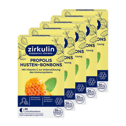 Zirkulin propolisa kakla un klepus sūkājamās tabletes (5 x 30 sūkājamās tabletes) – 20 mg propolisa vienā tabletē – ar vērtīgo C vitamīnu un mentolu – medus un apelsīnu garša – nomierinošas sūkājamās tabletes – bez cukura