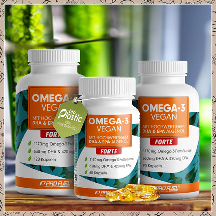 Omega-3 vegan FORTE - 60 kapsulas - 2000 mg aļģu eļļas dienā - augsta deva ar 630 mg DHA + 420 mg EPA - vegānas Omega-3 aļģu eļļas kapsulas - DHA:EPA attiecība 3:2 - laboratoriski pārbaudīts ar analīzes sertifikātu