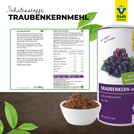 Raab Vitalfood® Bioloģiskais vīnogu kauliņu miltu pulveris (300 g) - bagāts ar šķiedrvielām (60% šķiedrvielu saturs), vegāns, bez glutēna, augstākās kvalitātes bioloģisks produkts
