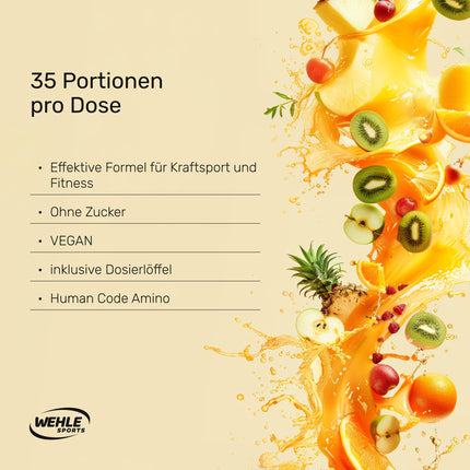 Wehle EAA pulveris 500g, smalks aminoskābju pulveris ar 8 neaizvietojamām aminoskābēm, Human Code Formula I. Garda garša un lieliska šķīdība - vegāns cukurs, aminoskābju dzēriens treniņiem (500g, tropiskie augļi).