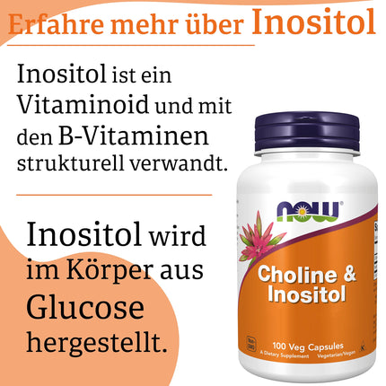 Now Foods, holīns un inozitols, 500 mg, 100 vegānas kapsulas, laboratoriski pārbaudītas, B vitamīns, bez glutēna, bez sojas, veģetārs