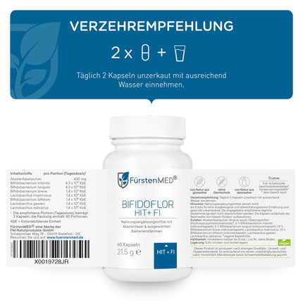 FürstenMED® Bifidoflor HIT + FI histamīna nepanesības un fruktozes nepanesības ārstēšanai ar Bifidobacterium un Lactobacillus celmiem - 60 kuņģa sulu izturīgas kapsulas - Laboratorijā pārbaudītas, vegānas un bez piedevām