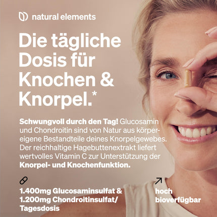 Glikozamīns un hondroitīns – 180 kapsulas – ar C vitamīnu normālai kolagēna veidošanās veicināšanai* – augsta deva, bez nevajadzīgām piedevām – ražots Vācijā un laboratorijā pārbaudīts