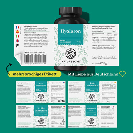 NATURE LOVE® hialuronskābes kapsulas ar cinku - augsta deva ar 500 mg - ādai, matiem un nagiem - 90 hialuronskābes kapsulas - vegānas, laboratoriski pārbaudītas, bez piedevām un ražotas Vācijā