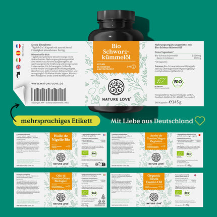 NATURE LOVE® Organiskā melnā ķimenes eļļa - 240 vegānas kapsulas - augsta deva: 1000 mg Ēģiptes melnā ķimenes eļļas vienā dienas devā - no kuriem 50% linolskābes - auksti spiesta, dabiski ražota un laboratorijā pārbaudīta