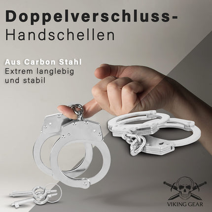 VIKING GEAR® oriģinālie profesionālie rokudzelži, kas izgatavoti no rūdīta tērauda sudraba krāsā ar 2 atslēgām - valdības kvalitāte - drošības aksesuāri - rokudzelžu sekss - rokudzelžu sekss